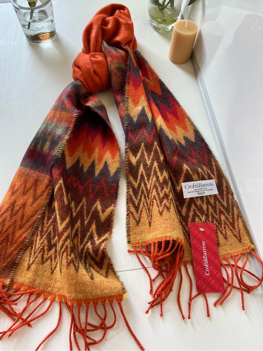 90’s inspired Geometric Fringe Scarf Southwestern Boho Rust Eclectic Retro NWT